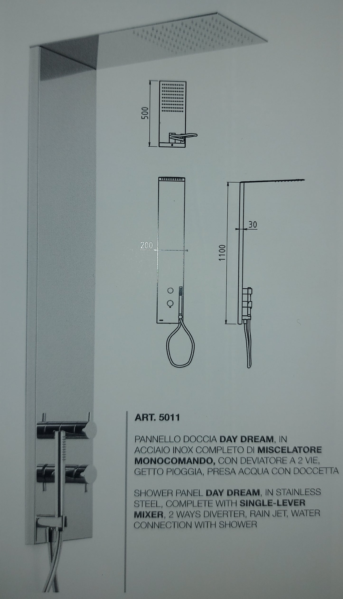 PANNELLO DOCCIA DAY DREAM 5011 INOX LUCIDO MISCELATORE 2 VIE ALTA QUALITA' MADE IN ITALY