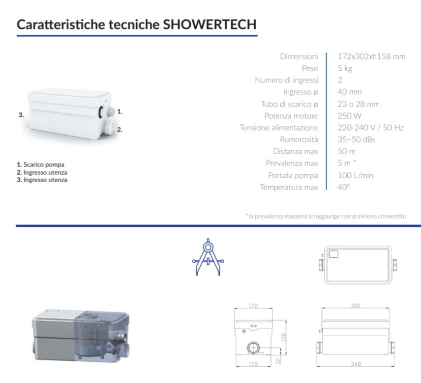 POMPA SCARICO SHOWERTECH PER DOCCIA - LAVABO- BIDET BAGNO SPAZI RIDOTTI