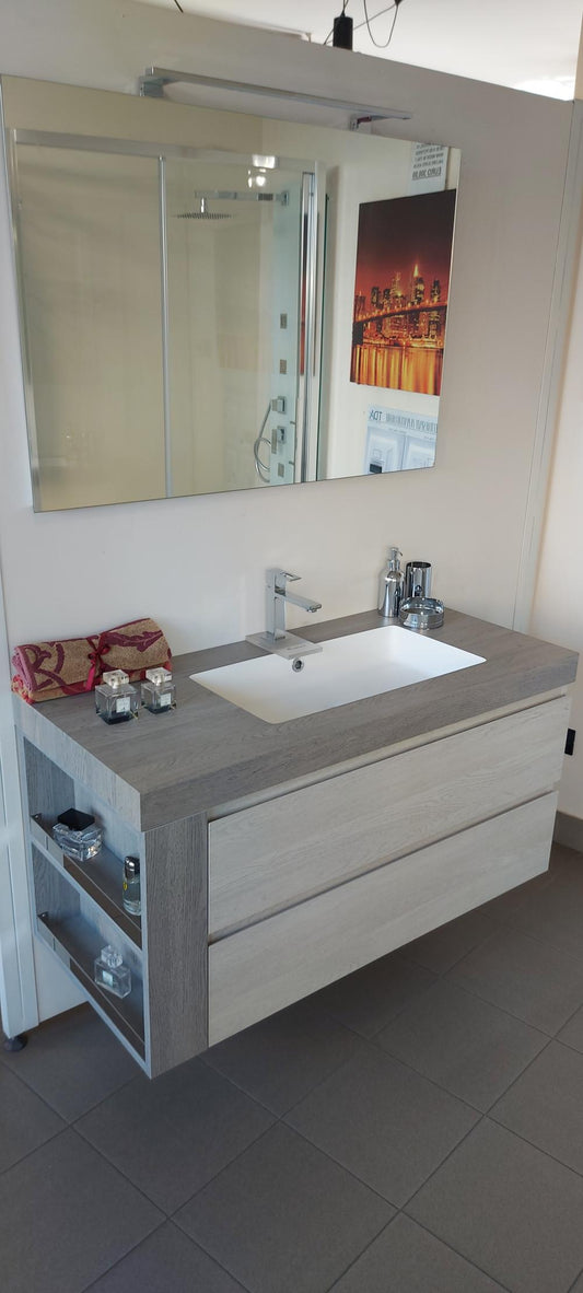 ARREDO BAGNO FREEDOM LINEARE 113 2 CASSETTONI FINITURA ROVERE GRIGIO E ARTICO