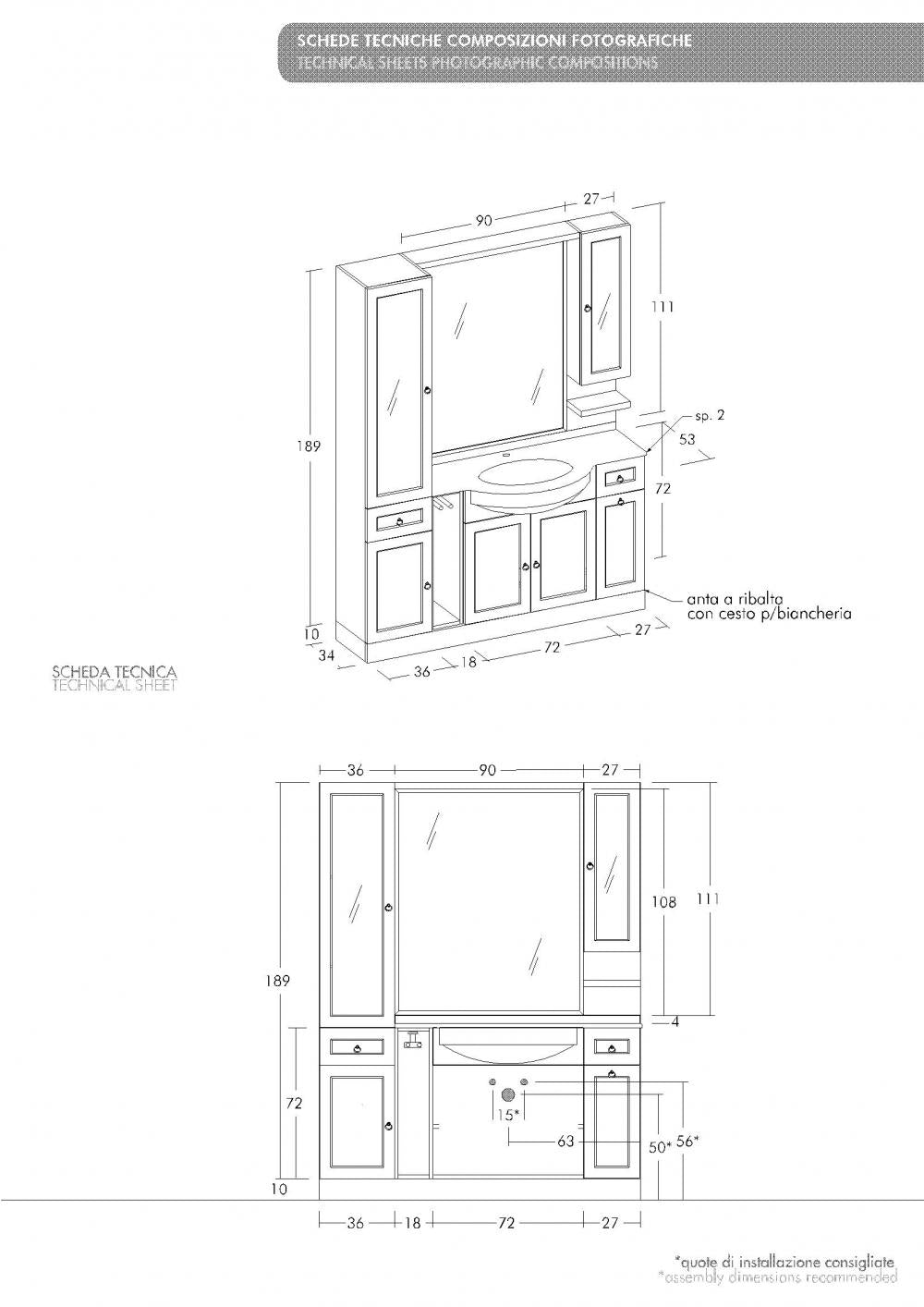 ARREDO BAGNO MOBILE COUNTRY CHIC R208 cm.153 FINITURA LEGNO A SCELTA