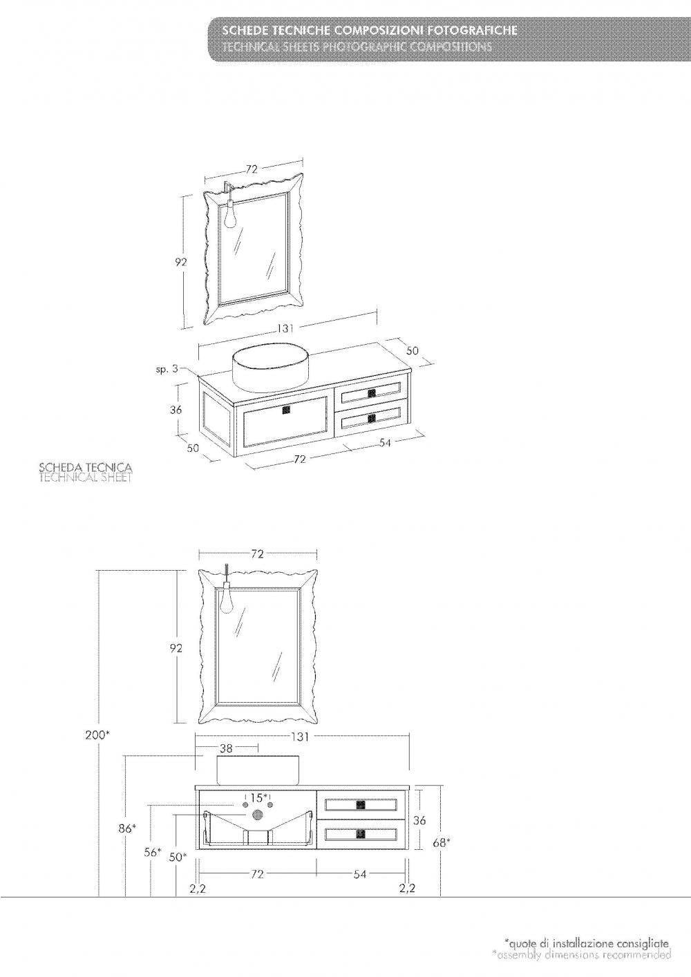 ARREDO BAGNO MOBILE COUNTRY CHIC R212 cm.131 FINITURA A PORO APERTO A SCELTA