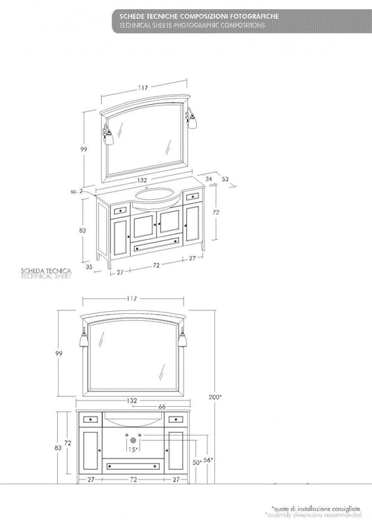 ARREDO BAGNO MOBILE COUNTRY CHIC RC01 cm.132 FINITURA DECAPE A SCELTA