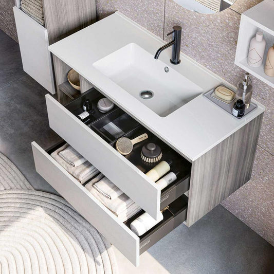 ARREDO BAGNO MOBILE CUBIK 02 cm 100 +30 COLONNA FINITURA EUCALIPTO GRIGIO -BIANCO LARIX