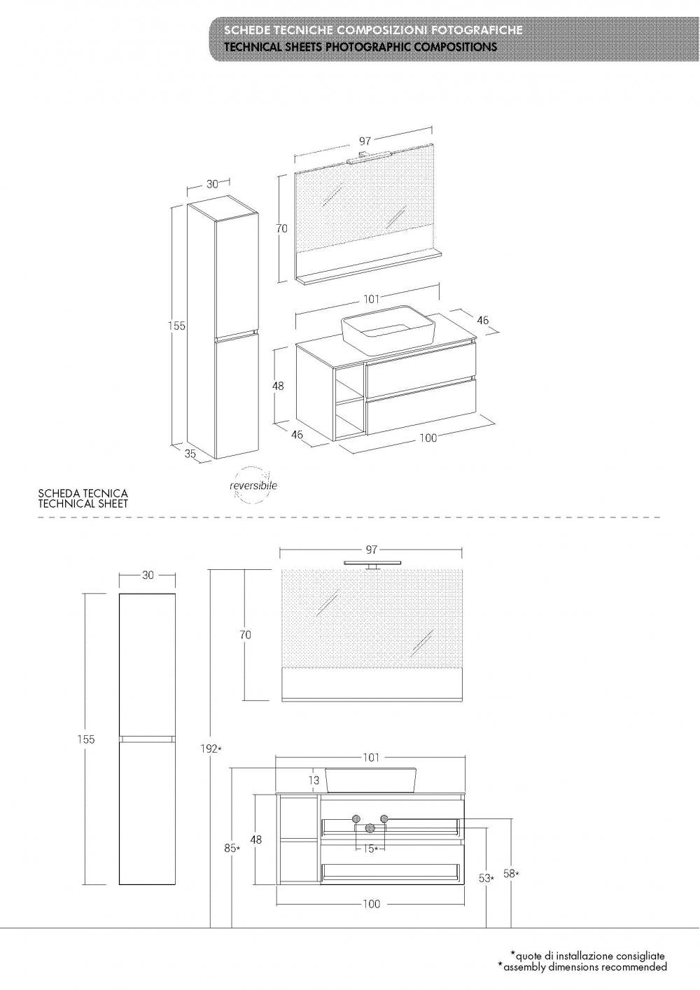 ARREDO BAGNO MOBILE CUBIK 06 cm 100 +30 COLONNA FINITURA EUCALIPTO GRIGIO -BIANCO LARIX