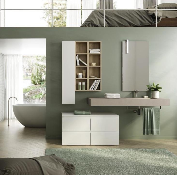 ARREDO BAGNO MOBILE FREEDOM FL29 cm 140+50 ROVERE SABBIA BIANCO LACCATO LUCIDO