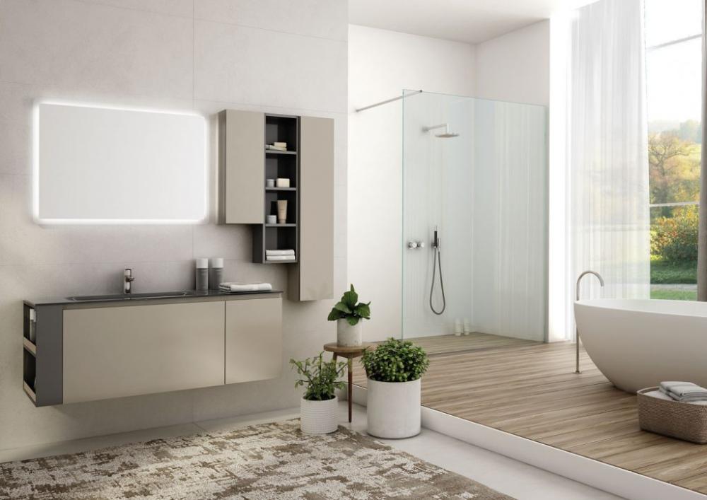 ARREDO BAGNO MOBILE FREEDOM FL32 cm 132+50 FINITURA LACCATO OPACO CANAPA E GRIGIO FUMO