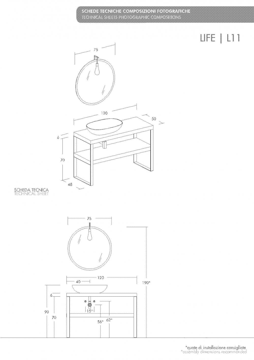 ARREDO BAGNO MOBILE LIFE 11 CASTAGNO NAT.LEVIGATO cm 120 LEGNO MASSELLO