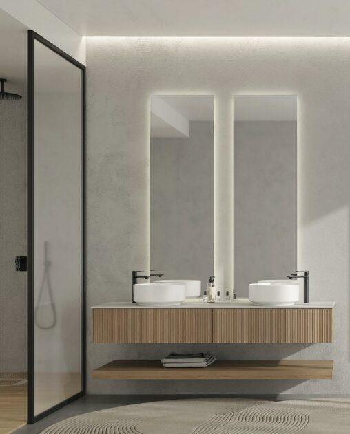 ARREDO BAGNO MOBILE RI-TRATTO RT13 cm 173 FINITURA ROVERE BISCOTTO CANNETTATO DOPPIO LAVABO APPOGGIO