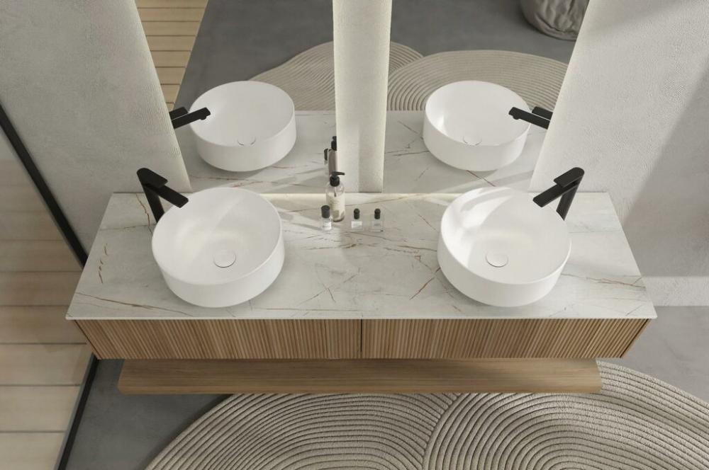 ARREDO BAGNO MOBILE RI-TRATTO RT13 cm 173 FINITURA ROVERE BISCOTTO CANNETTATO DOPPIO LAVABO APPOGGIO