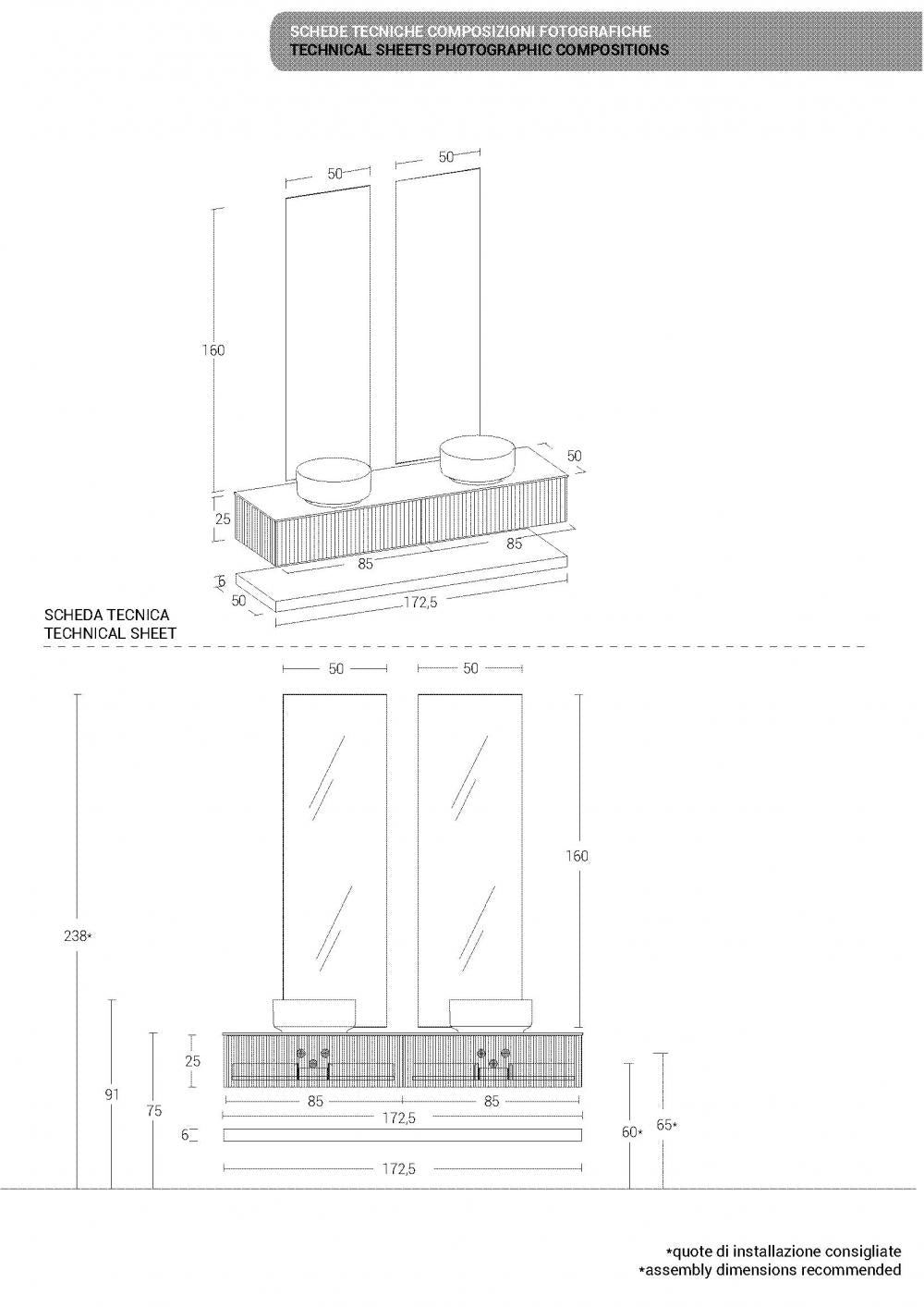 ARREDO BAGNO MOBILE RI-TRATTO RT13 cm 173 FINITURA ROVERE BISCOTTO CANNETTATO DOPPIO LAVABO APPOGGIO