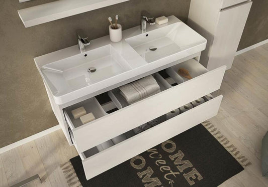 ARREDO BAGNO MOBILE SOHO S15 2 LAVABI E COLONNA cm 120+35 TRANCHE ROVERE BIANCO