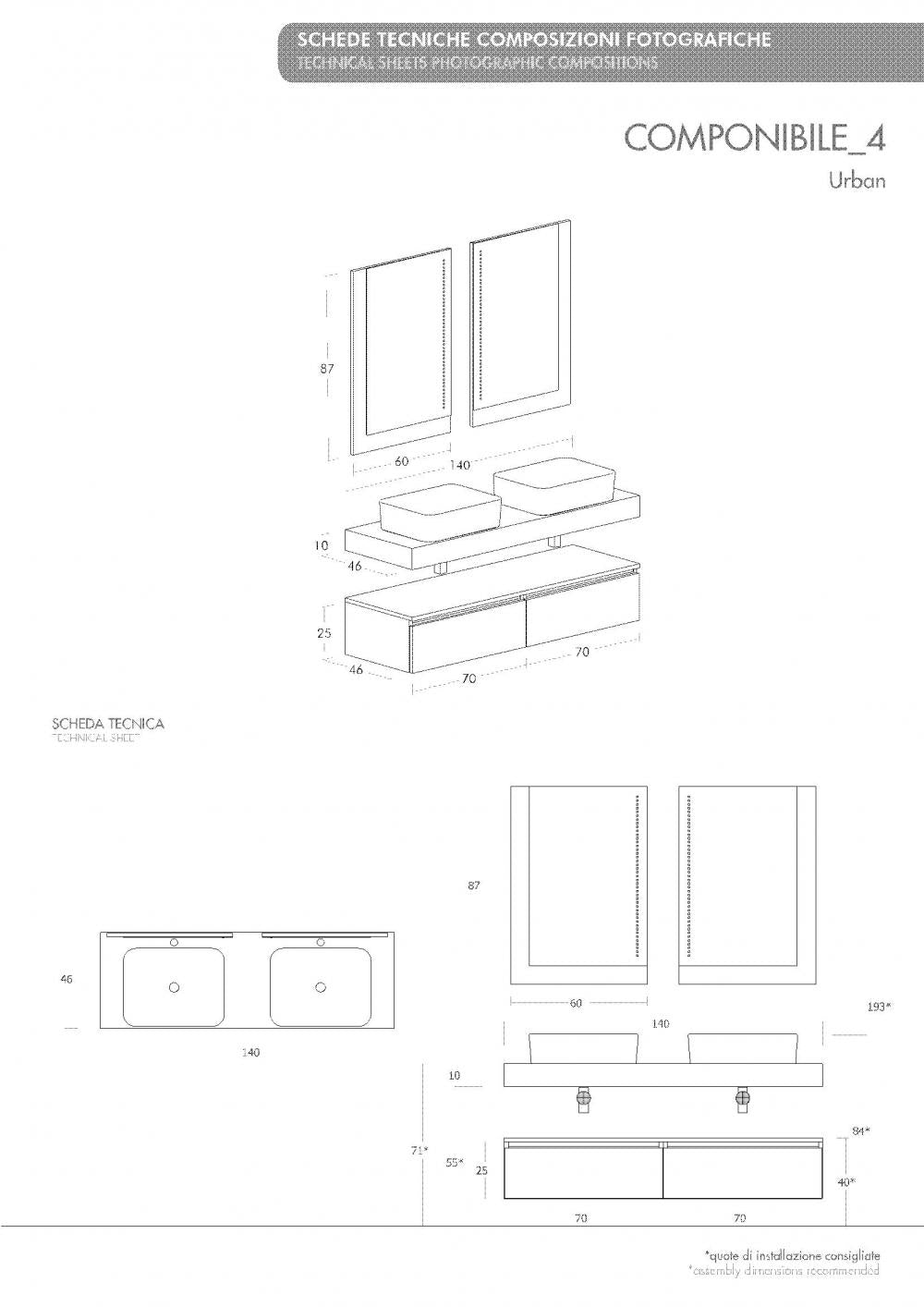 ARREDO BAGNO MOBILE URBAN UC04 cm 140 DOPPIO LAVABO TRANCHE ROVERE SCURO E CHIARO