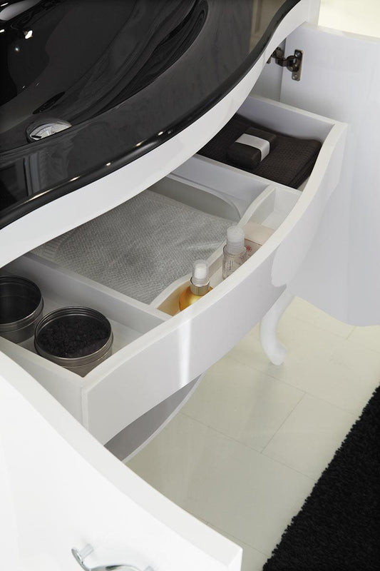 ARREDO BAGNO NARCISO 01 cm.109 BIANCO LUCIDO E CONSOLLE CRISTALLO NERO