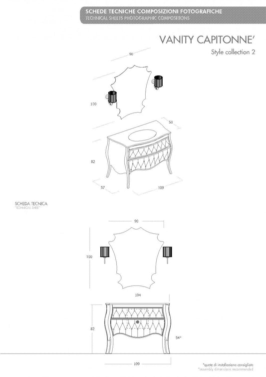ARREDO BAGNO VANITY CAPITONNE' PELLE cm.109 BIANCO LUCIDO E TOP CRISTALLO