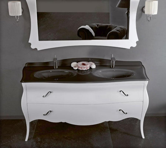 ARREDO BAGNO VANITY DUETTO 03 cm.165 FINITURA BIANCO LUCIDO E CONSOLLE CRISTALLO NERO LAVABI INTEGRATI
