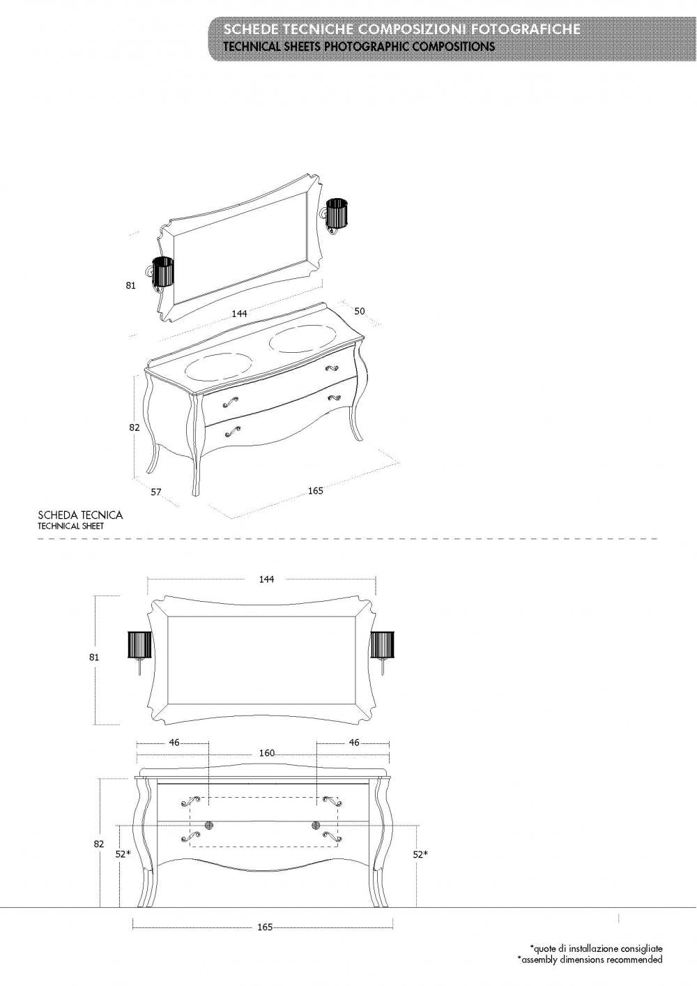 ARREDO BAGNO VANITY DUETTO 03 cm.165 FINITURA BIANCO LUCIDO E CONSOLLE CRISTALLO NERO LAVABI INTEGRATI