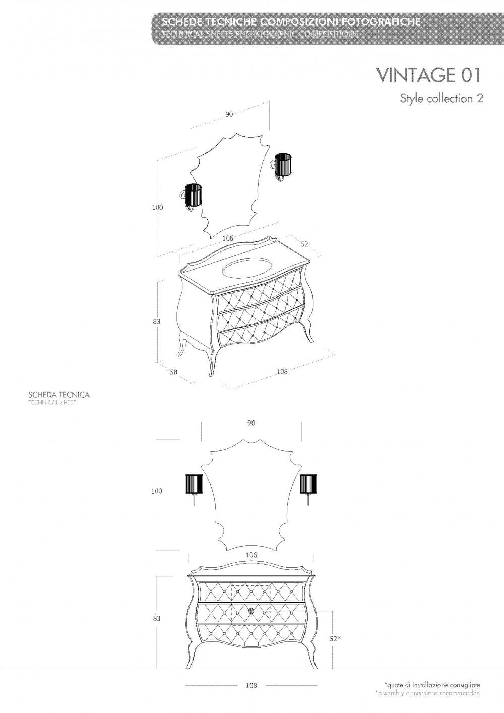 ARREDO BAGNO VINTAGE01 cm.108 NERO LUCIDO E CAPITONNE' IN PELLE BIANCA