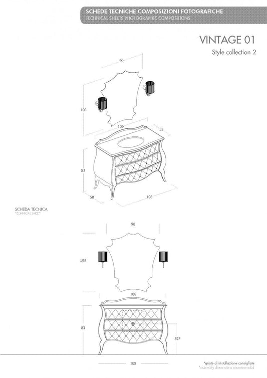 ARREDO BAGNO VINTAGE01 cm.108 NERO LUCIDO E CAPITONNE' IN PELLE BIANCA