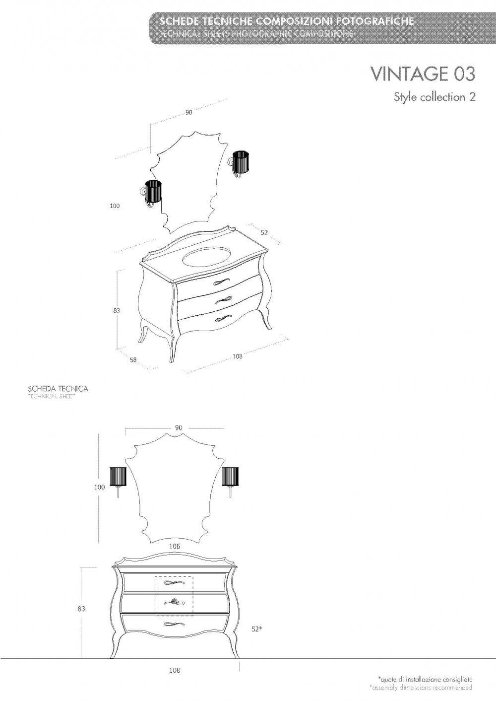 ARREDO BAGNO VINTAGE03 cm.108 BIANCO LUCIDO E TOP MARMO NERO MARQUINIA