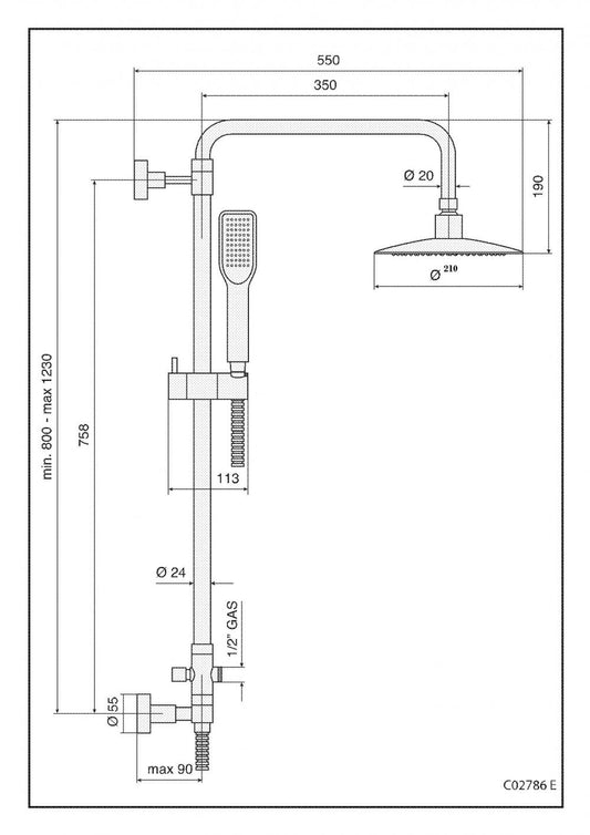 COLONNA DOCCIA REGOLABILE IN OTTONE CROMATO C02786 EMMEVI CON DEVIATORE E PRESA ACQUA ESTERNA MADE IN ITALY