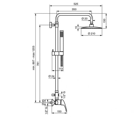 COLONNA DOCCIA REGOLABILE OTTONE CROMATO CON MISCELATORE 9500286 EMMEVI MADE IN ITALY