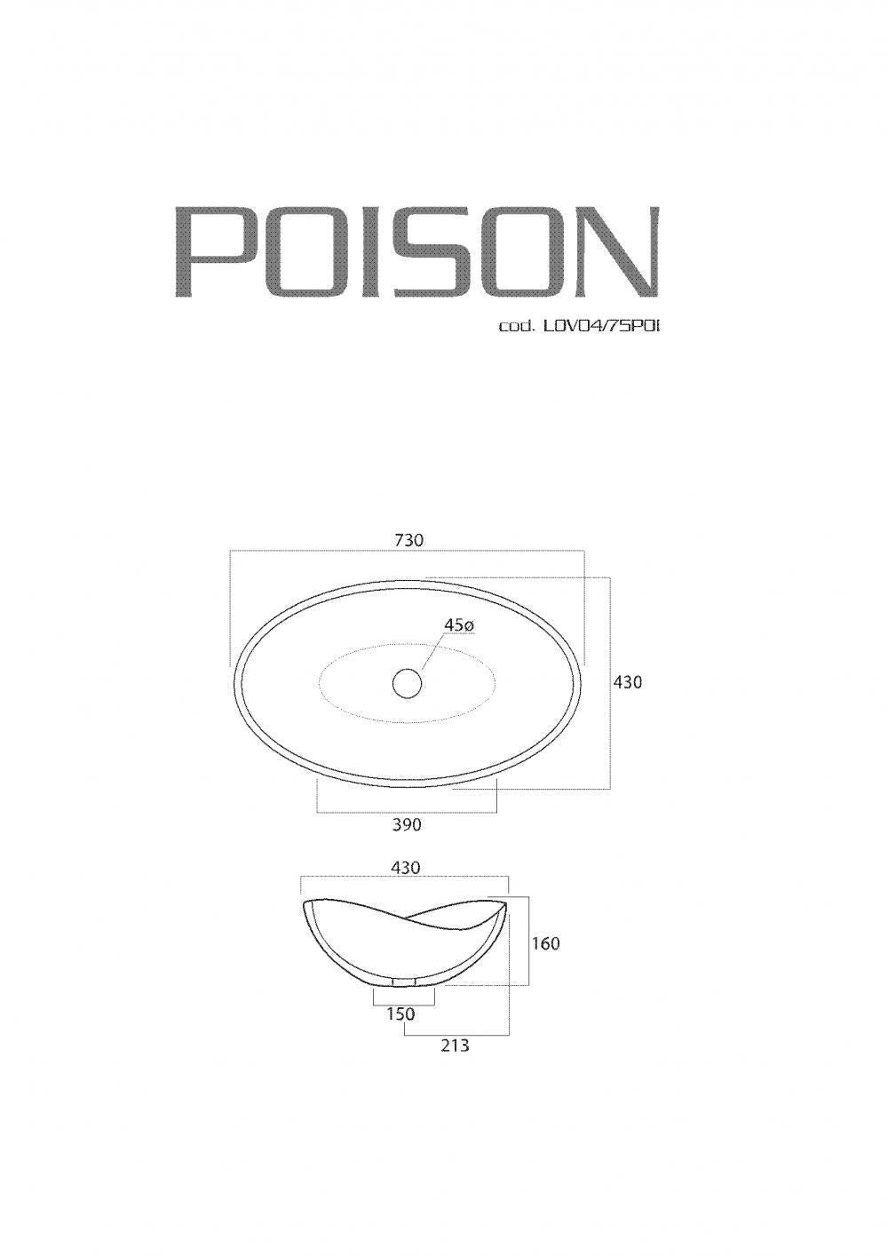 LAVABO DA APPOGGIO CM.73X43X16 POISON CERAMICA BIANCO