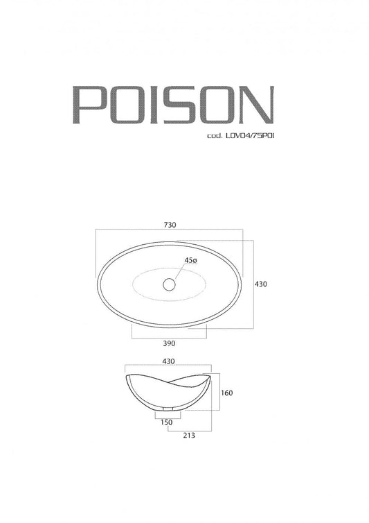 LAVABO DA APPOGGIO CM.73X43X16 POISON CERAMICA BIANCO