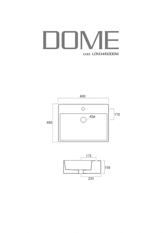 LAVABO DA APPOGGIO E SOSPESO A MURO CM.60X45X15 DOME CERAMICA BIANCO