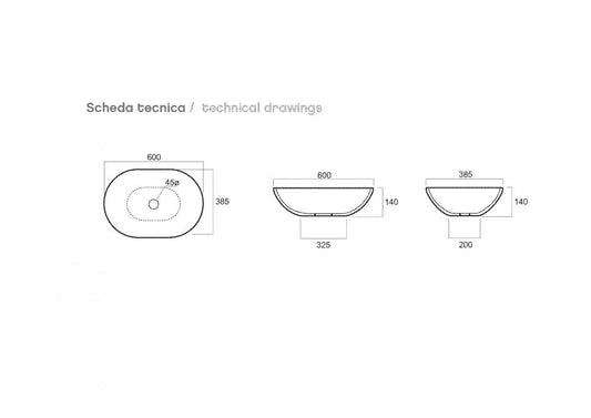 LAVABO DA APPOGGIO FINE60 BIANCO MATT OVALE CM.60X38,5 H.14 CERAMICA