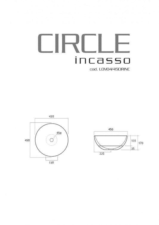LAVABO DA INCASSO CIRCLE TONDO cm.45 h.13,5/17 CERAMICA BIANCA