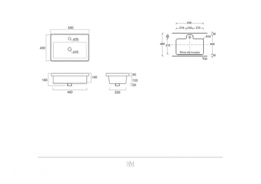 LAVABO DA INCASSO CM.4 DANDY RUB CM.56X43 CERAMICA BIANCO