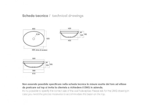 LAVABO DA INCASSO CM.4 OVALE SOFTLY CM.60X42 CERAMICA BIANCO
