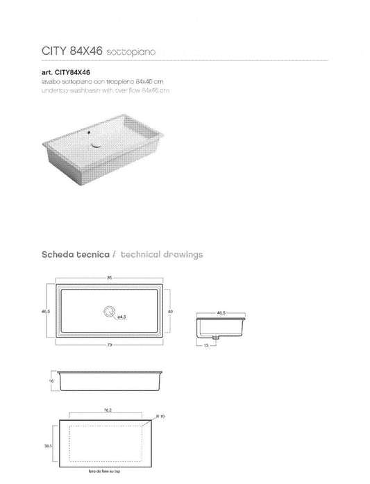 LAVABO INCASSO SOTTOPIANO CM.84X46 CITY CERAMICA BIANCO