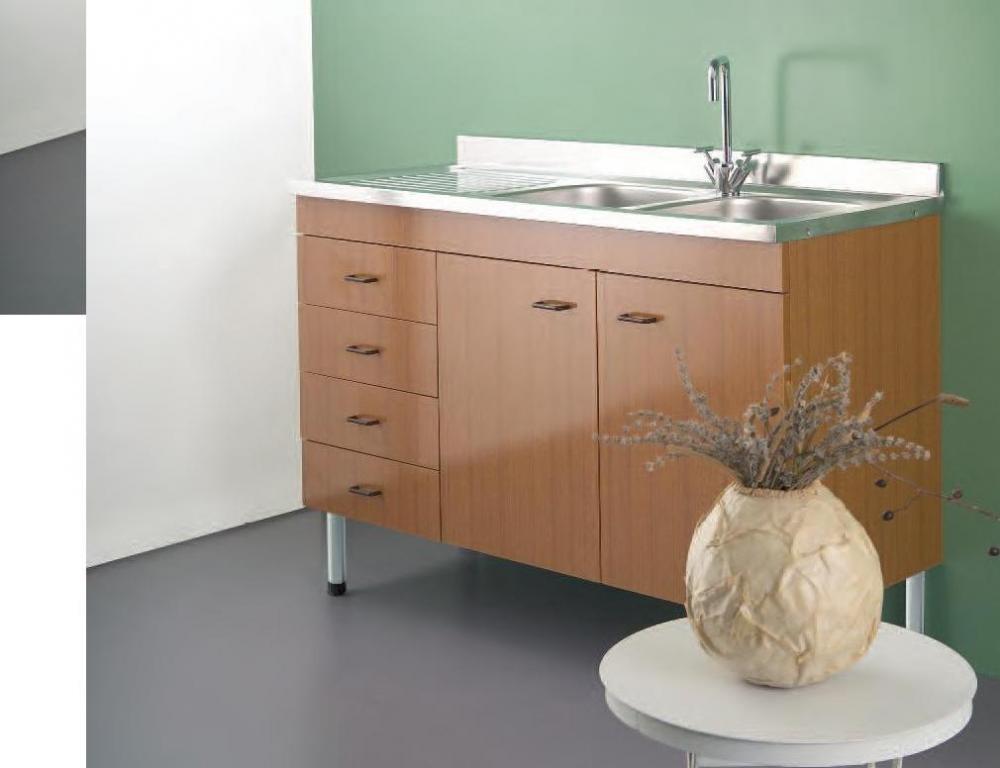 LAVELLO INOX 120X50 DUE VASCHE E SCOLAPIATTI CON MOBILE 2 ANTE 4 CASSETTI LADY TEAK O BIANCO