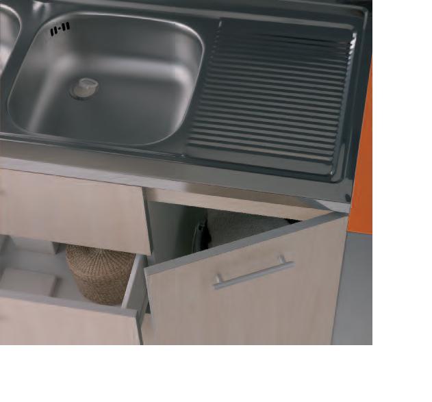 LAVELLO INOX 120X50 MOBILE 1 ANTA 2 CASSETTONI FRASSINO CON PENSILE E SCOLAPIATTI