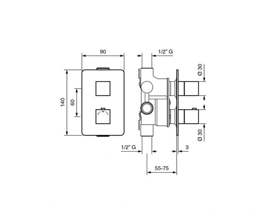 MISCELATORE TERMOSTATICO 2 VIE INCASSO DOCCIA QUADRATO MADE IN ITALY
