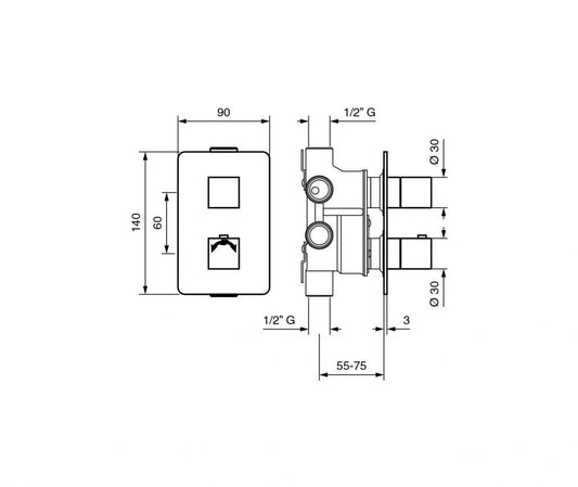MISCELATORE TERMOSTATICO 3 VIE INCASSO DOCCIA QUADRATO MADE IN ITALY
