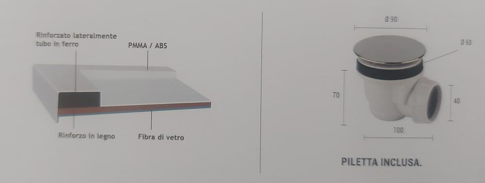PIATTO DOCCIA RESINA BCO LUCIDO 70X100 H.5,5 PILETTA INCLUSA MADE IN ITALY