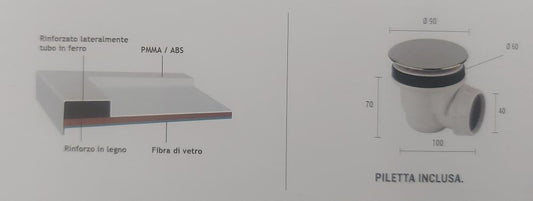 PIATTO DOCCIA RESINA BCO LUCIDO 70X90 H.5,5 PILETTA INCLUSA MADE IN ITALY