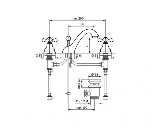 RUBINETTO 3 FORI BATTERIA LAVABO CROMO STELLA EMMEVI MADE ITALY