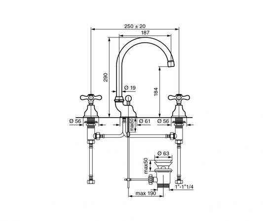 RUBINETTO 3 FORI LAVABO ALTO DECO CLASSIC VITONE CERAMICO MADE IN ITALY