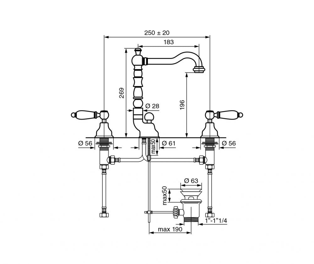 RUBINETTO LAVABO 3 FORI CROMO DECO CERAMIC VITONE CERAMICO MADE IN ITALY