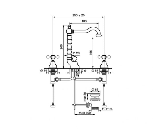 RUBINETTO LAVABO 3 FORI CROMO DECO OLD VITONE CERAMICO MADE IN ITALY