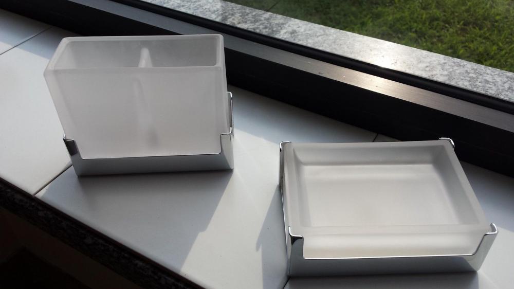 SET ACCESSORI DA APPOGGIO PORTA SAPONE + PORTA BICCHIERE VIP VETRO ACIDATO ACCIAIO CROMO