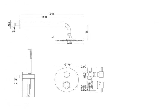 SET COMPLETO DOCCIA KD111 SOFFIONE 200 MM CON MISCELATORE 2 VIE MADE IN ITALY
