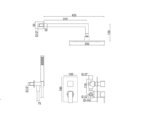 SET COMPLETO DOCCIA KDV77 SOFFIONE 250X250 MM CON MISCELATORE 2 VIE MADE ITALY
