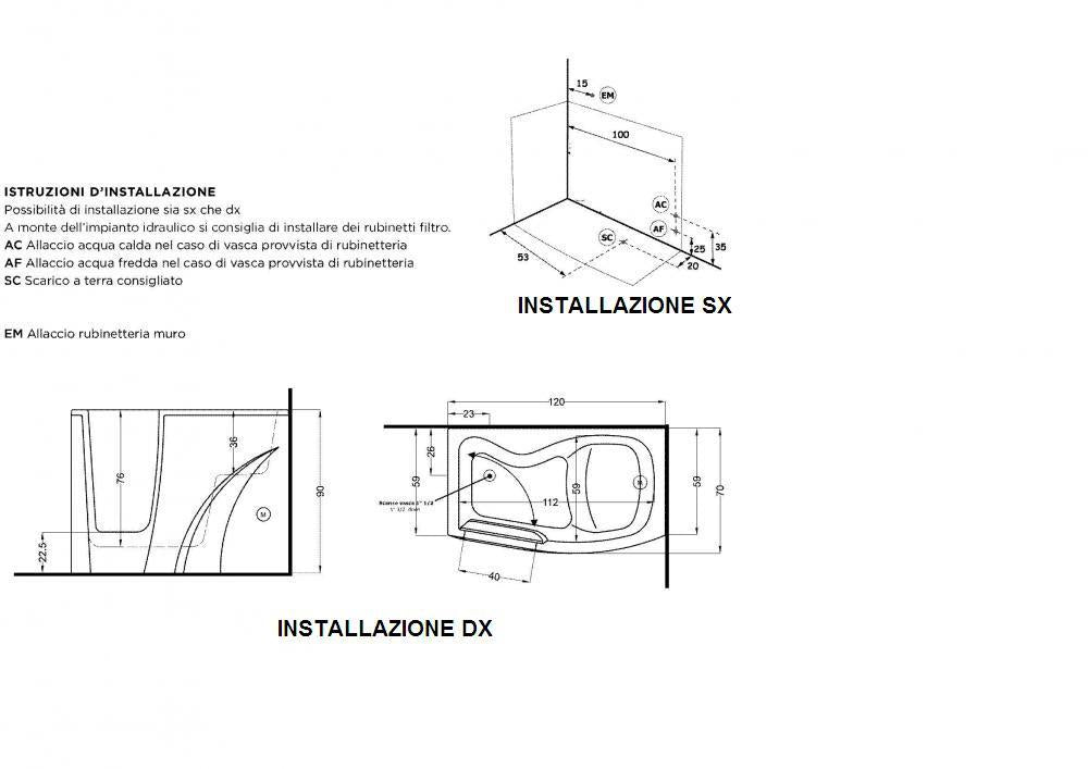 VASCA 120X70 H.90 CON SEDILE E SPORTELLO E RUBINETTERIA BORDO VASCA