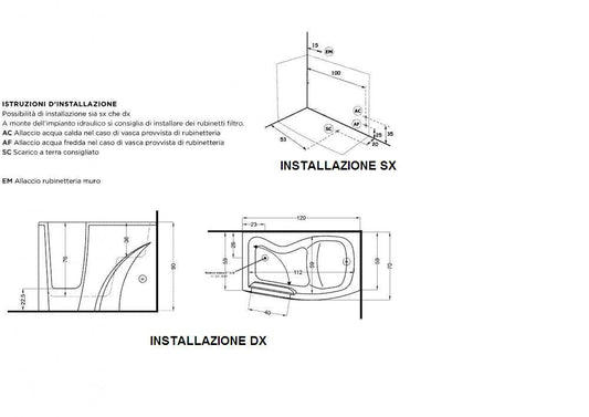 VASCA 120X70 H.90 CON SEDILE E SPORTELLO E RUBINETTERIA BORDO VASCA