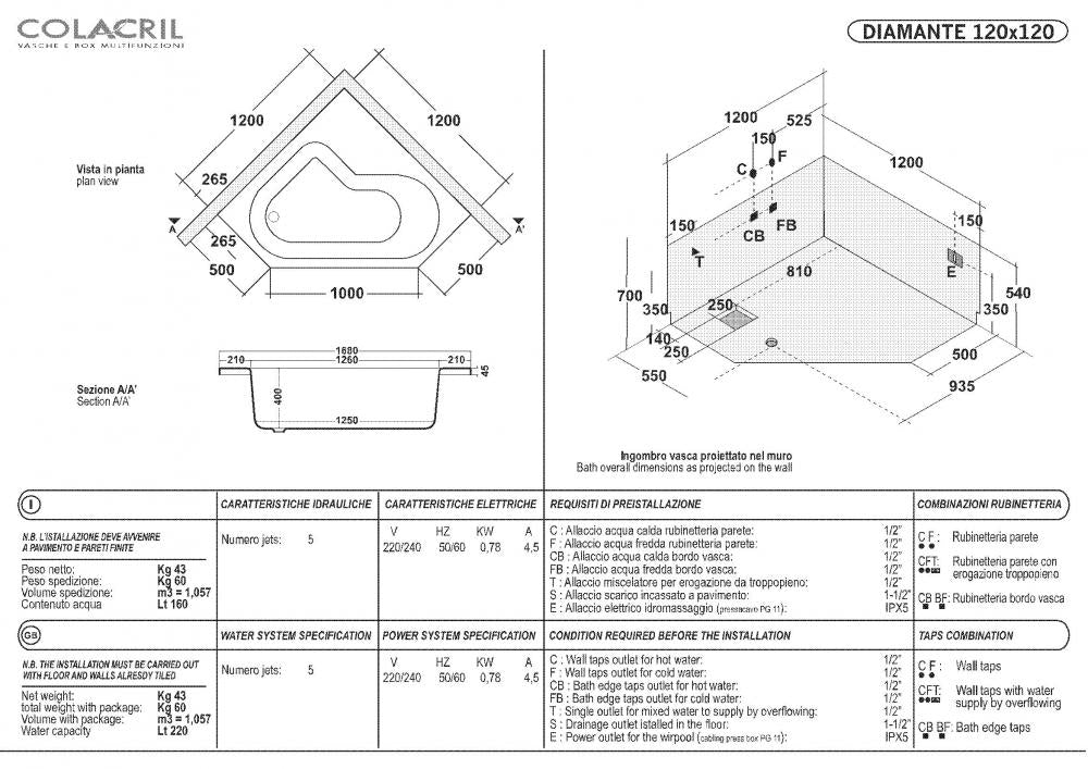 VASCA ANGOLO 120X120 DIAMANTE TELAIO PANNELLO IDROMASSAGGIO WHIRLPOOL CROMOTERAPY