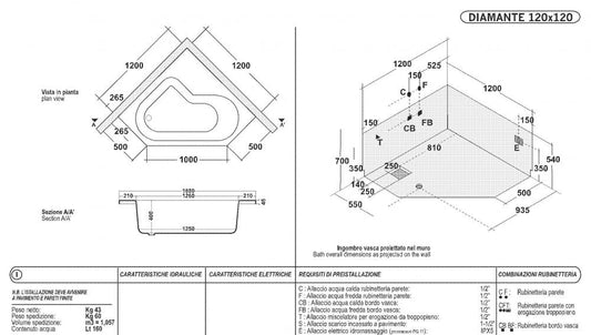 VASCA ANGOLO 120X120 DIAMANTE TELAIO PANNELLO SENZA IDROMASSAGGIO